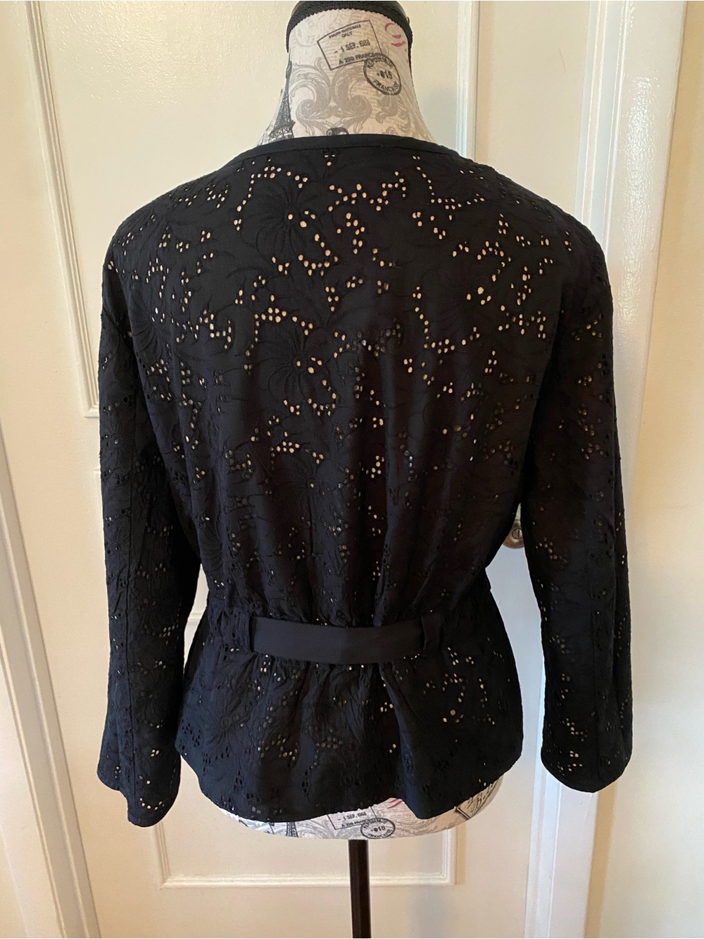 LOFT Eyelet Peplum Jacket Black Tie Waist Cotton Size 10 - Picture 5 of 14